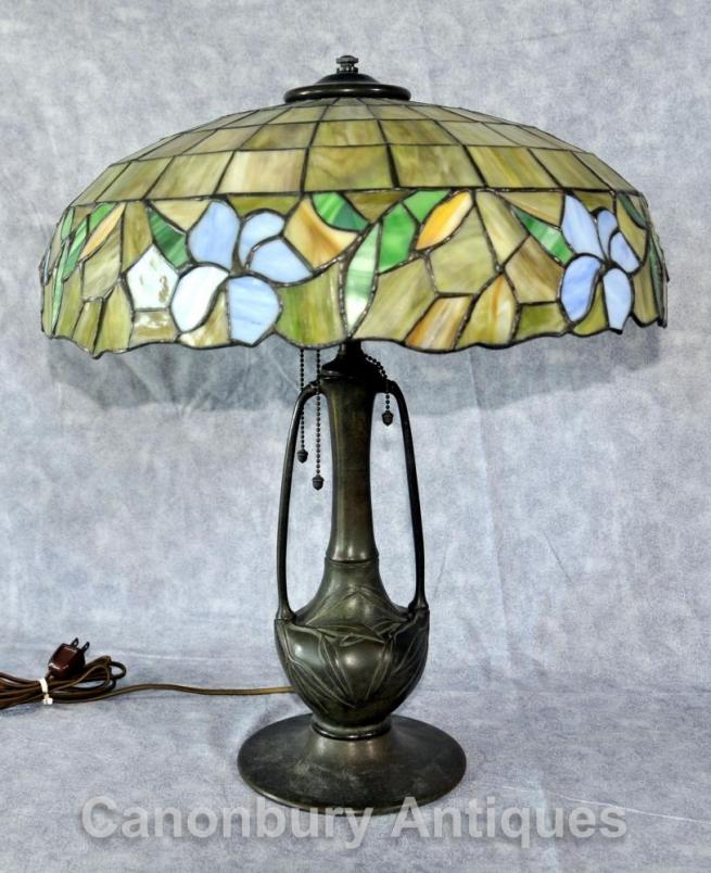 Antique Art Nouveau Tiffany Table Lamp Light Bronze Glass