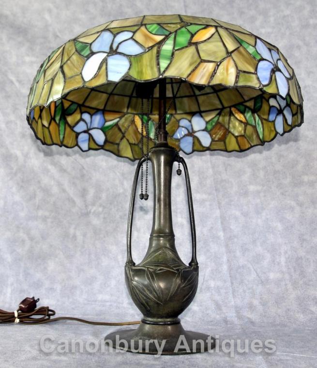 Antique Art Nouveau Tiffany Table Lamp Light Bronze Glass