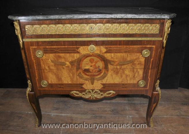 Antique Empire Cherub Inlay Commmode Chest Drawers Ormolu