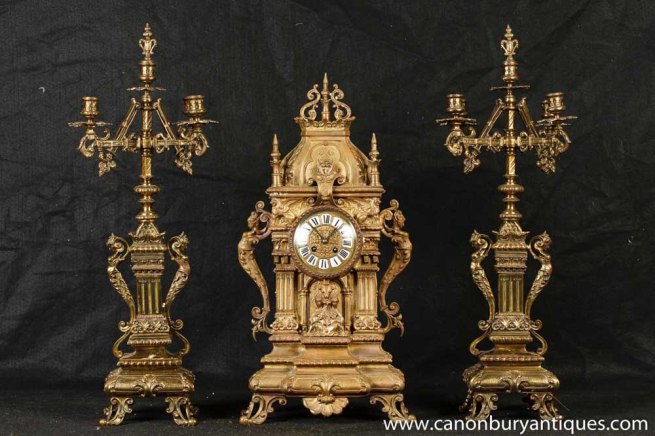 Antique French Ormolu Mantel clock Set Candelabras Garniture Neo Classical