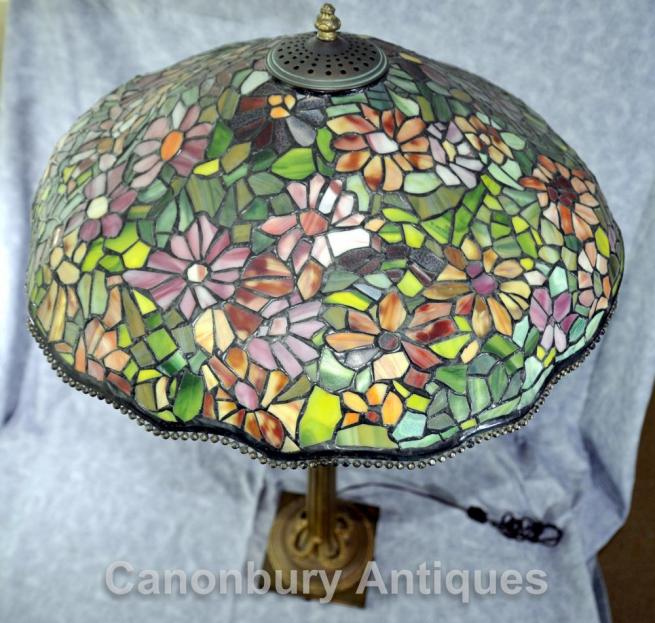Antique French Tiffany Bronze Table Lamp Light Glass Shade