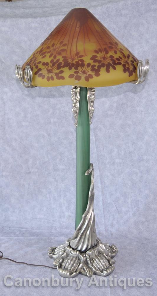 Art Nouveau Silver Bronze Galle Mushroom Table Lamp Glass Shade