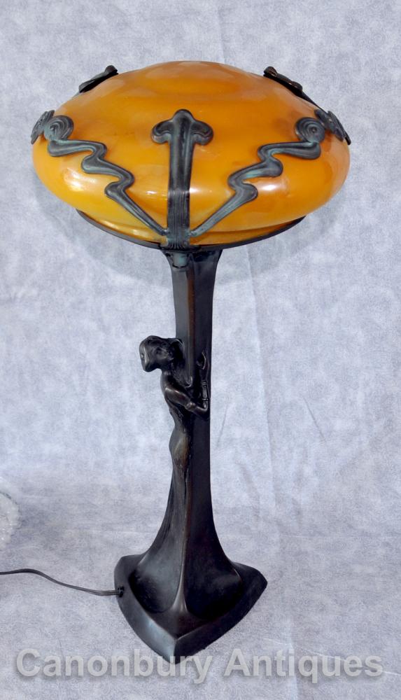 Art Nouveau Table Lamp Bronze Glass Shade Gushner