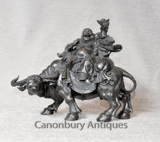 Bronze Happy Buddha on Bullock Statue Buddhism Tibetan Buddhist Art