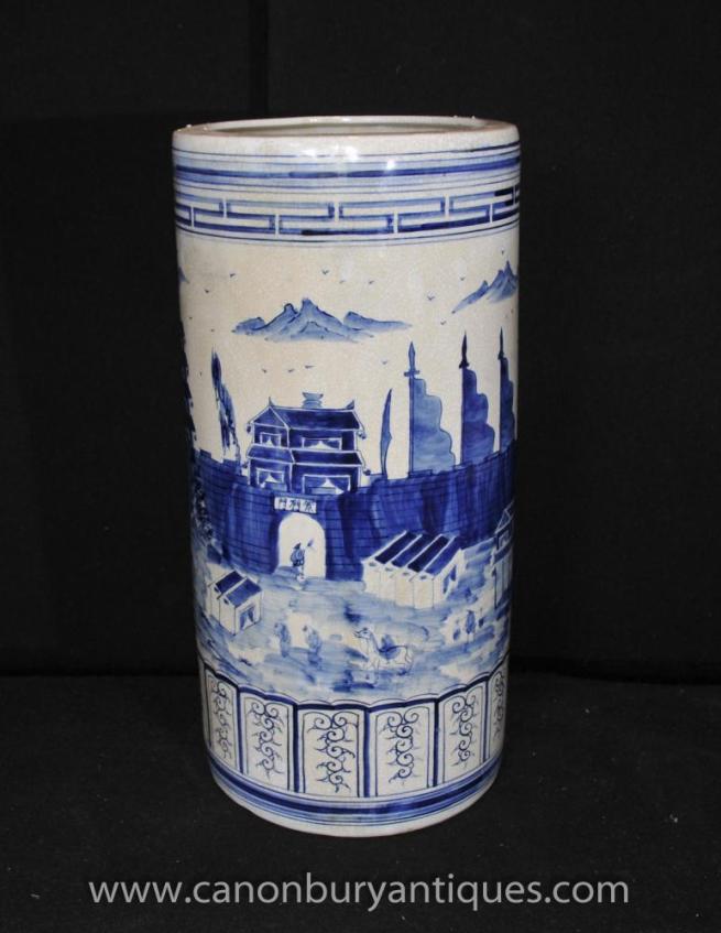 Chinese Blue White Kangxi Porcelain Umbrella Stand Urn Vase Hand Painted