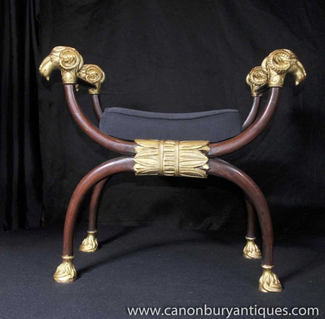 English Regency X Frame Stool Seat Rams Head