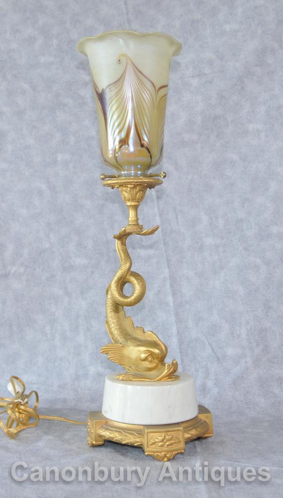 French Empire Ormolu Sea Serpent Lamp Table Light Glass Shade
