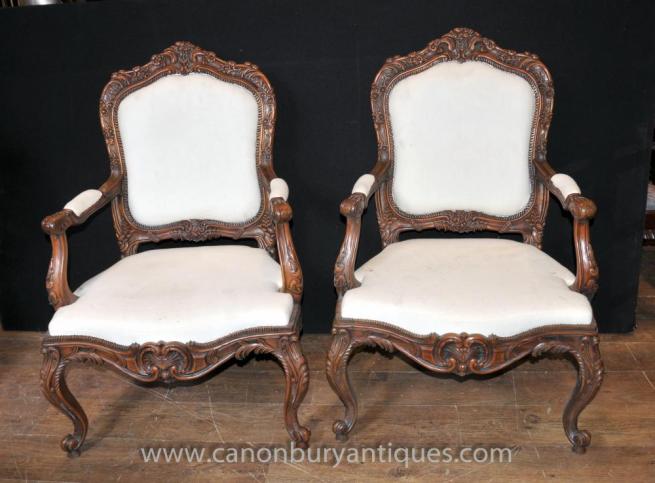 French Louis XVI Carved Arm Chairs Provincial Chair Fauteuils