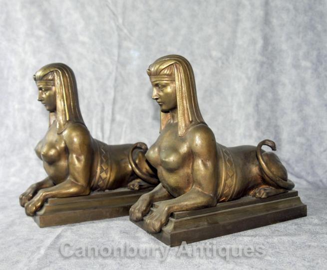 Pair Antique French Bronze Sphinx Statue Sphinxes Egypt