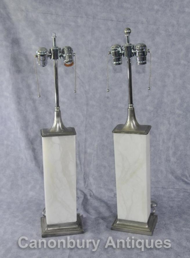 Pair Art Deco Bronze and Alabaster Table Lamps Lights