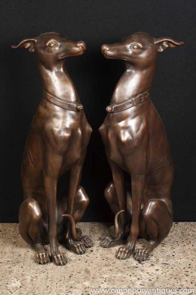 Pair Art Deco Bronze Greyhound Dogs Greyhounds