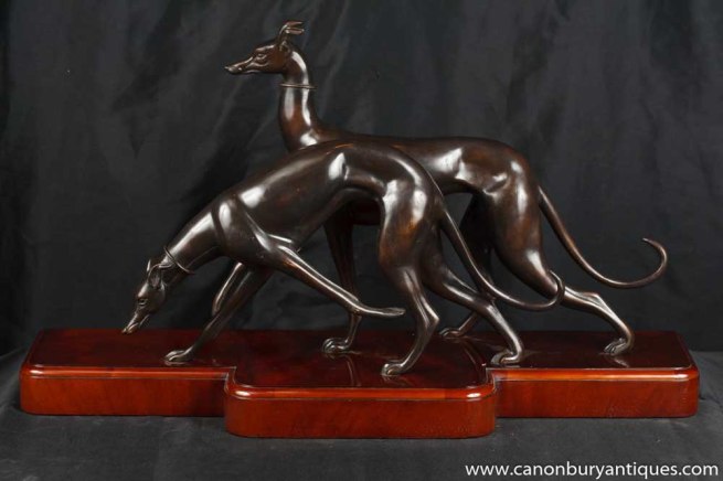 Pair Art Deco Bronze Greyhounds Dog Greyhound Mahogany Base