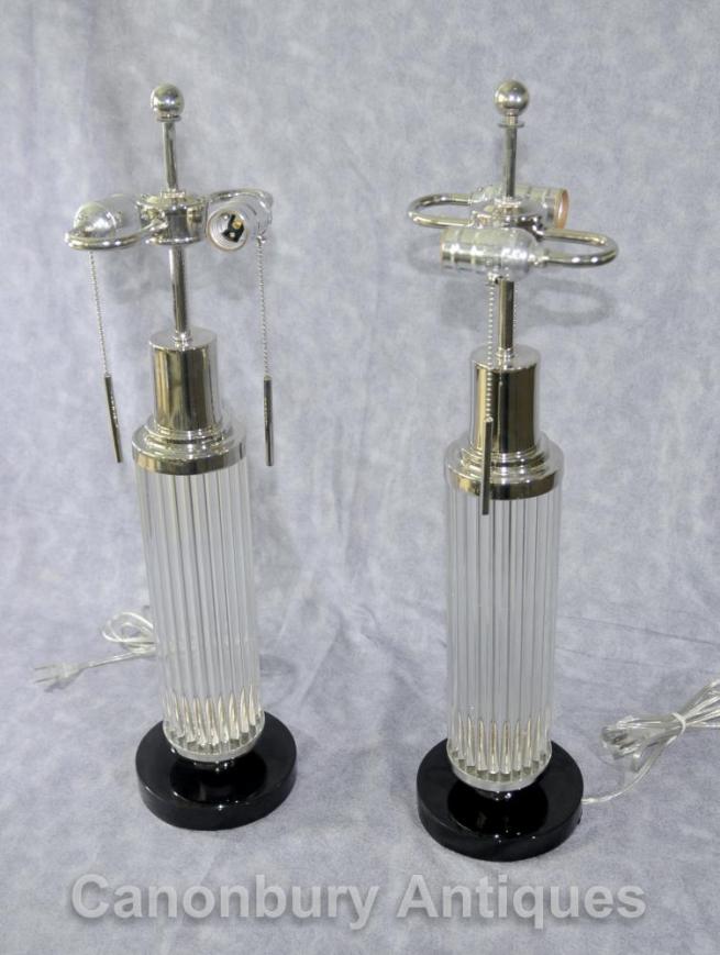 Pair Art Deco Glass Silver Plate Table Lamps Lights
