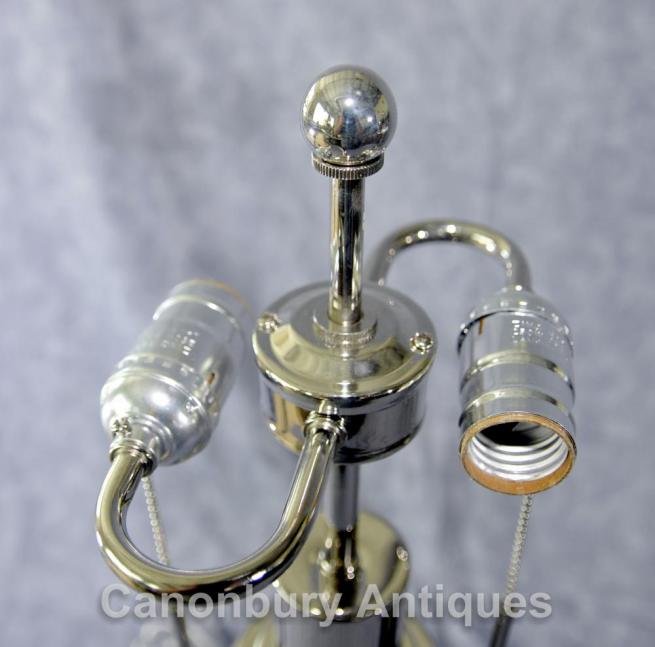 Pair Art Deco Glass Silver Plate Table Lamps Lights