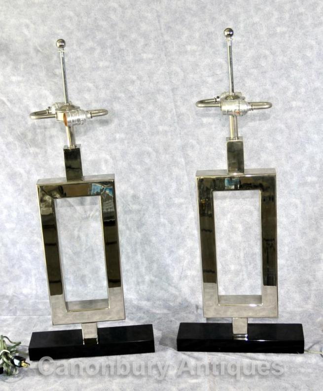 Pair Art Deco Silver Plate Marble Table Lamps Lights Lighting