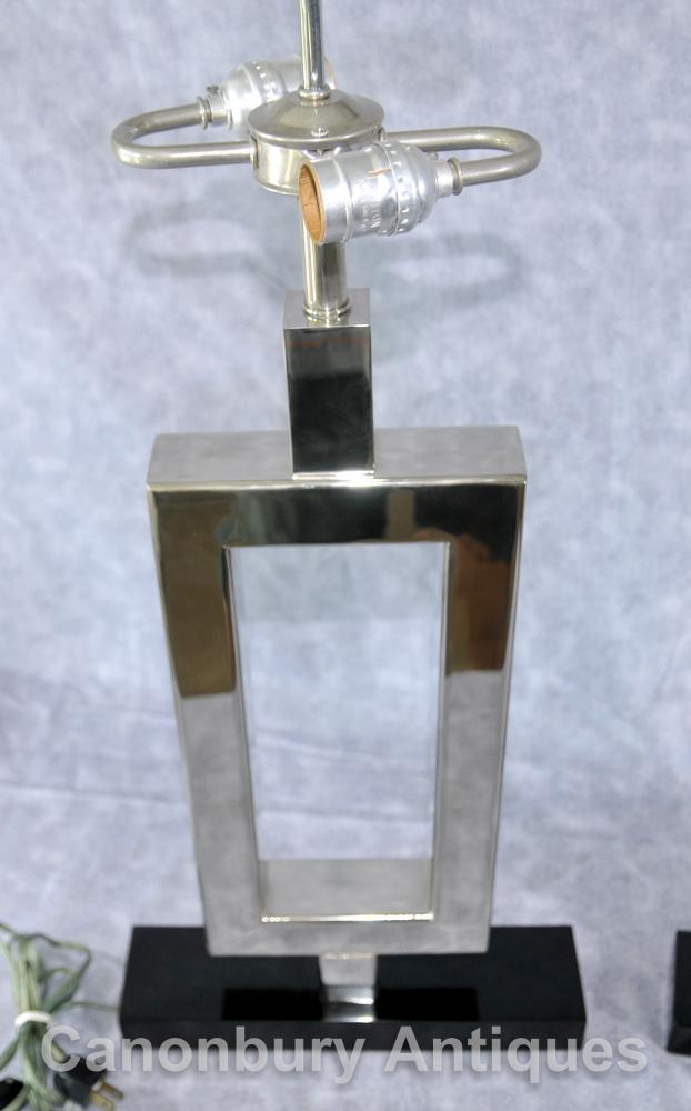 Pair Art Deco Silver Plate Marble Table Lamps Lights Lighting