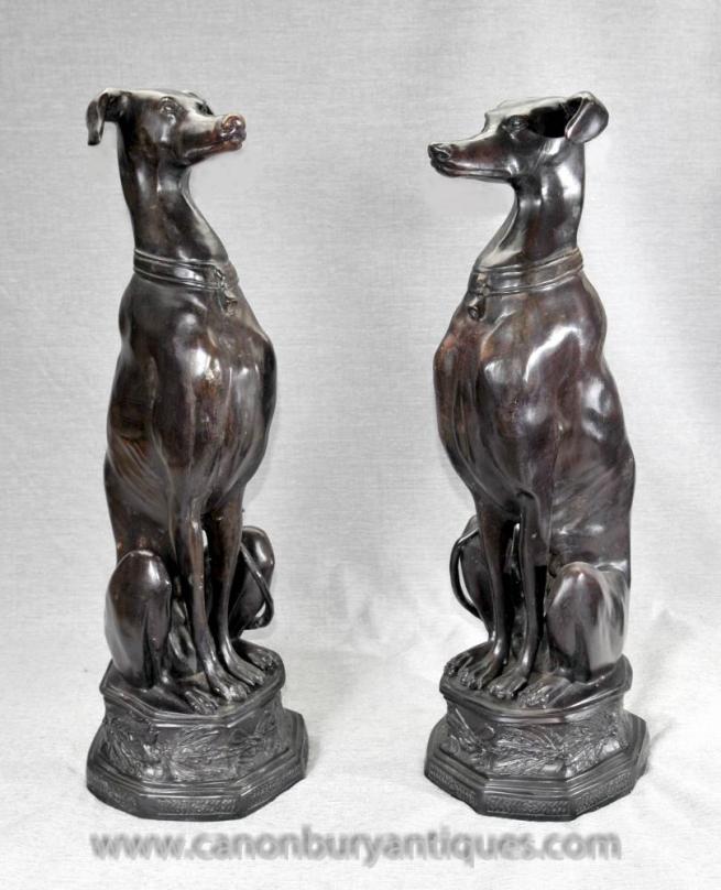 Pair Bronze Art Deco Greyhound Dogs Grey Hounds Statue