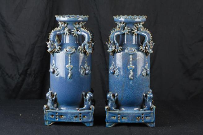 Pair Chinese Blue Poudre Porcelain Dragon Vases Urns