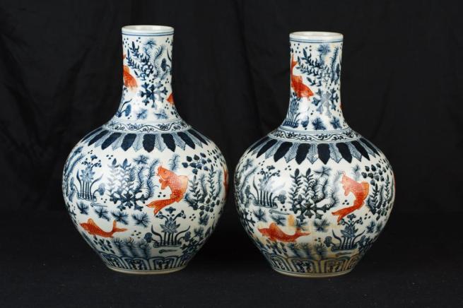 Pair Chinese Jingdezhen Temple Jars Blue and White Porcelain
