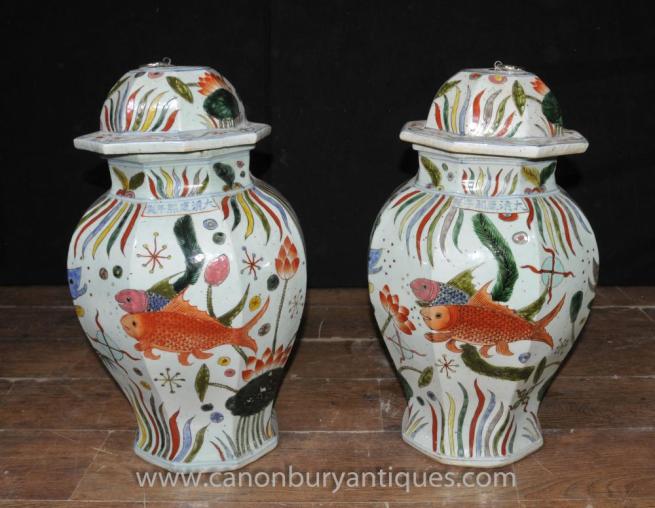Pair Chinese Ming Lidded Pots Ginger Jar Urns Goldfish