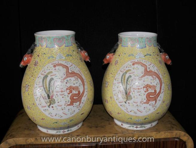 Pair Chinese Ming Porcelain Dragon Urns Bulbous Form China Pottery