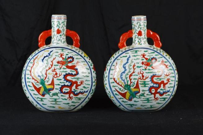 Pair Chinese Ming Porcelain Temple Jars Urns Dragon Vases
