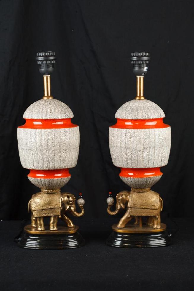 Pair Chinese Porcelain Ormolu Elephant Lamp Bases Table Lights