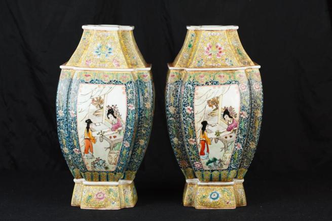 Pair Chinese Qianlong Yellow Porcelain Vases Urns Ceramic