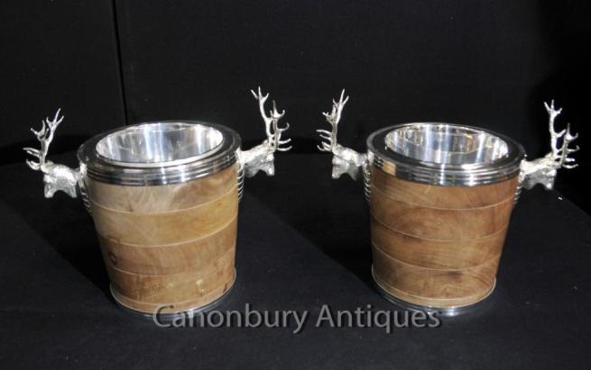 Pair English Silver Plate Stag Wine Coolers Champagne Buckets Urns