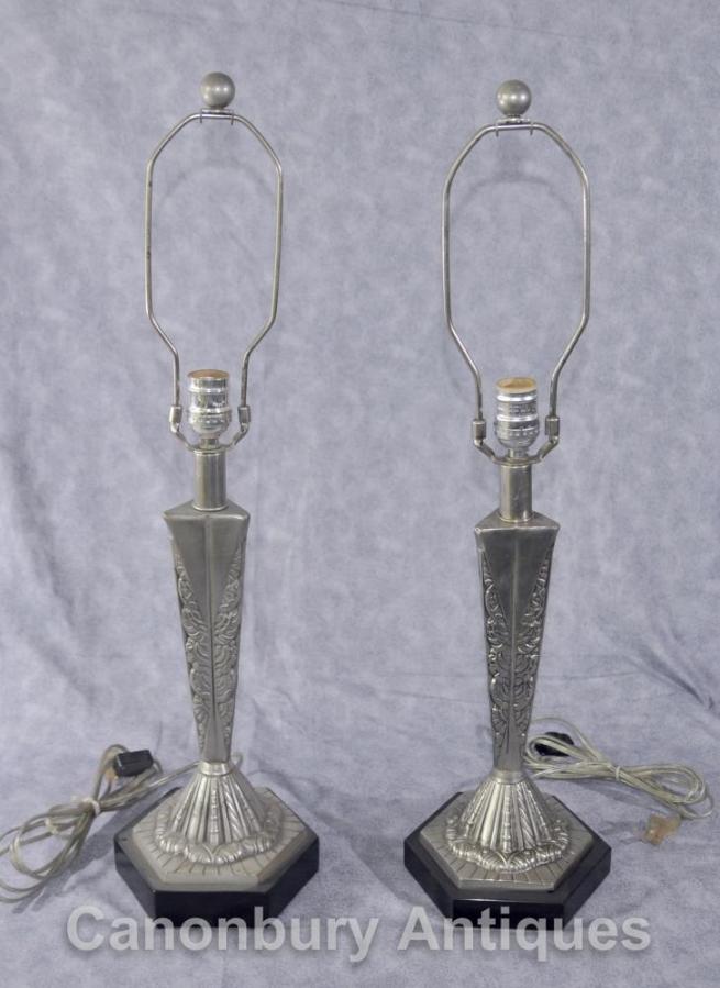 Pair French Art Deco Table Lamps Silver Bronze