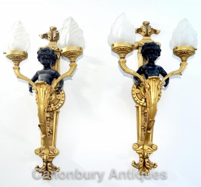 Pair French Empire Ormolu Cherub Sconce Wall Lights Appliques Clodion