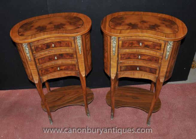 Pair French Empire Walnut Bedside Kidney Bean Chests Nightstands