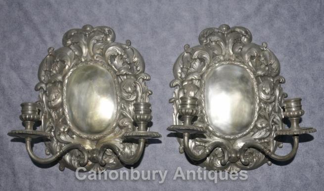 Pair French Louis XVI Silver Plate Rococo Sconces Wall Lights