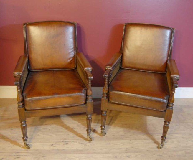 Pair French Regency Bergere Chairs Leather Arm Chair Walnut