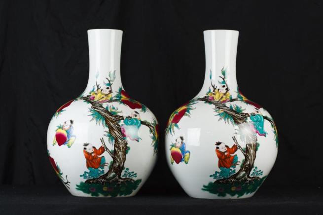 Pair Japanese Arita Porcelain Bulbous Vases Urns Pottery