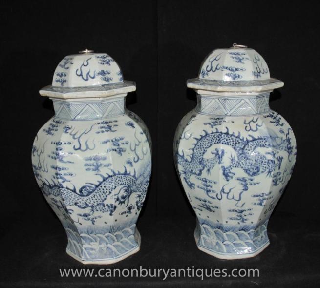 Pair Ming Blue and White Porcelain Temple Jars Vases Urns Chinese Ceramic
