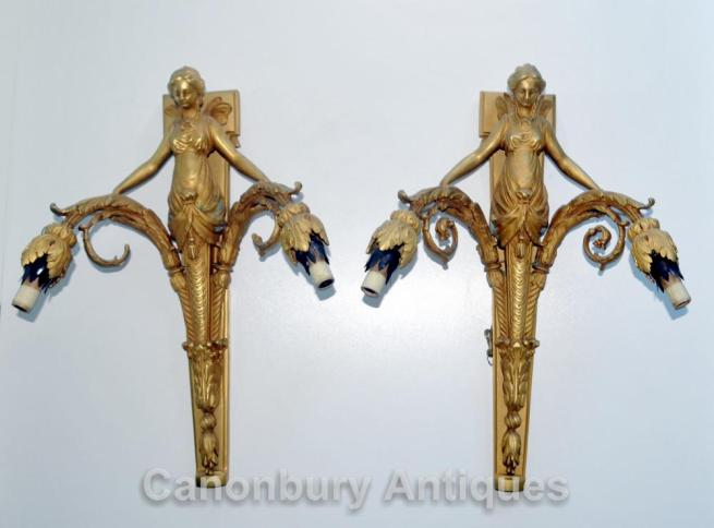 Pair Ormolu Empire Maiden Wall Lights Appliques Sconces Candelabras
