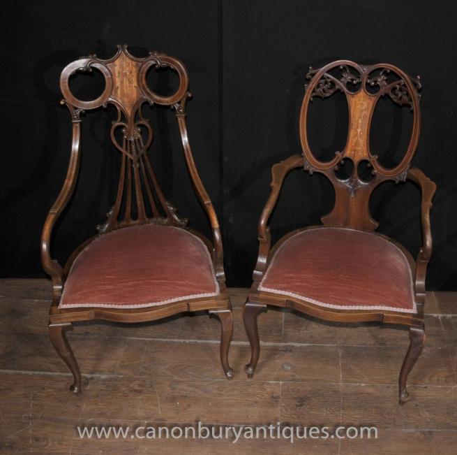 Pair Regency Mahogany Antique Arm Chairs Fauteils Marquetry Inlay