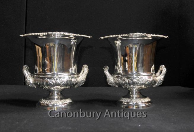 Pair Victorian Sheffield Silver Plate Champagne Wine Coolers Buckets Urns