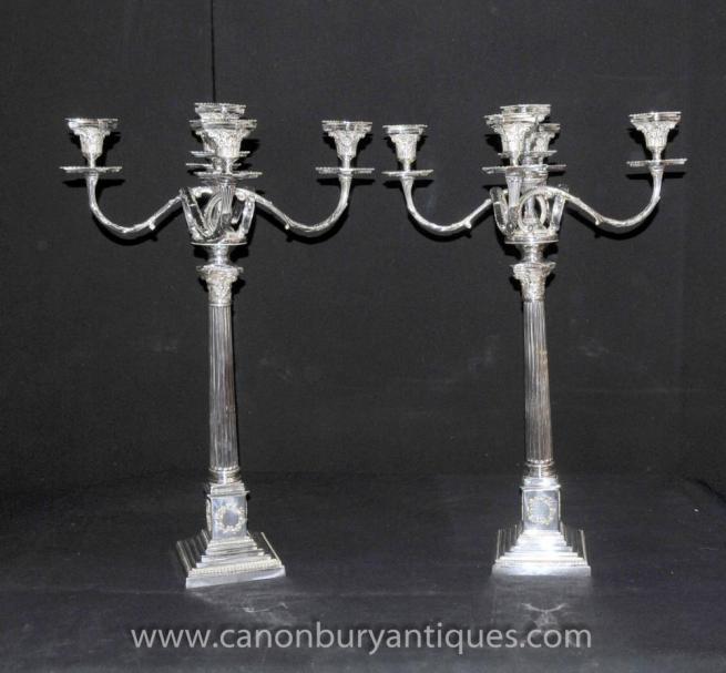 Pair Victorian Silver Plate Doric Candelabras Candles