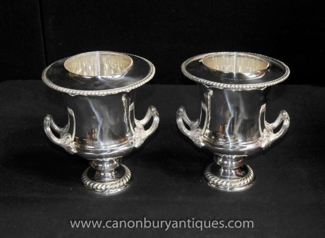 Pair Victorian Silver Plate Wine Champagne Buckets Campana Urn
