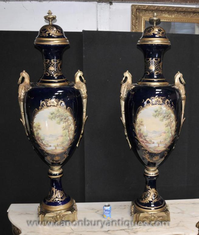 Pair XL Sevres Porcelain Amphora Vases Urns