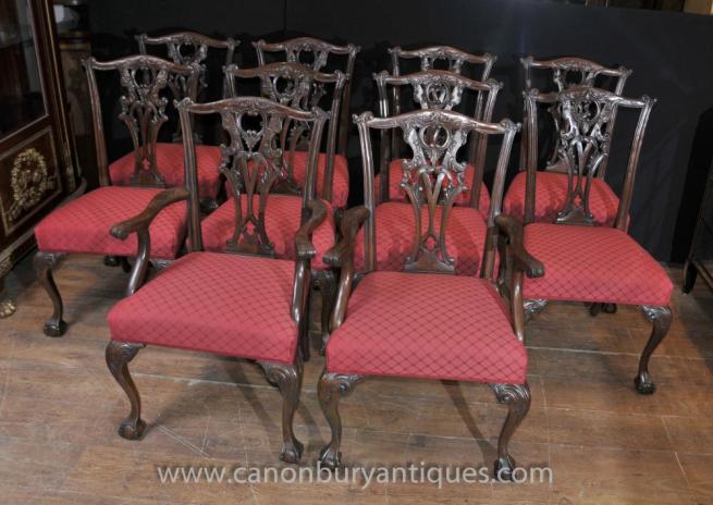 Set 10 Mahogany Chippendale Dining Chairs English Furniture