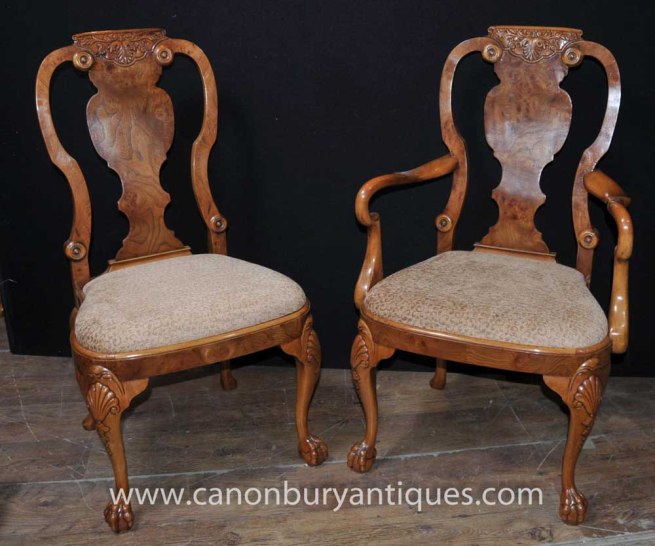 Set 8 Walnut Queen Anne Dining Chairs Armchair Set