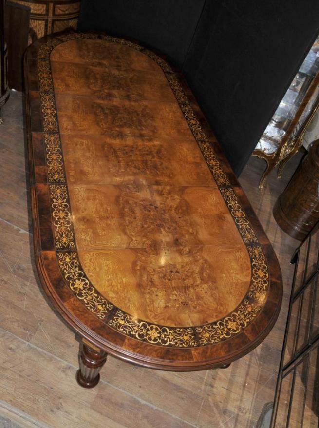 Walnut Victorian Dining Table Marquetry Inlay Extending Ten Seater