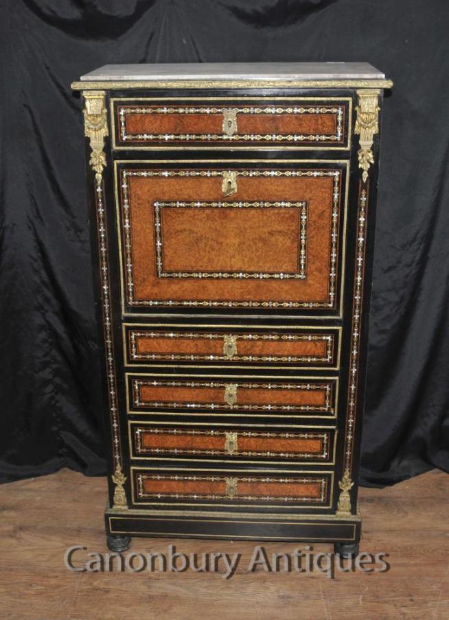 Antique Napoleon III Inlaid Secretaire Desk Cabinet Mother of Pearl