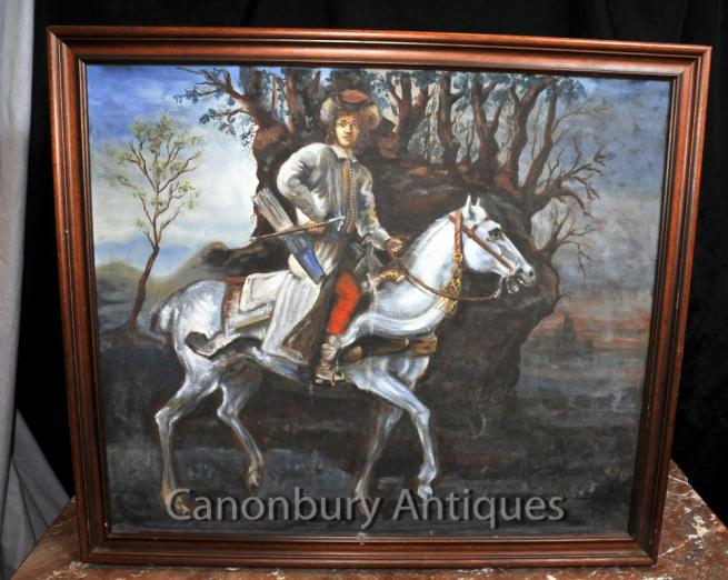 Antique Oil Painting English Archer Cavalier Horseback Art 1920s