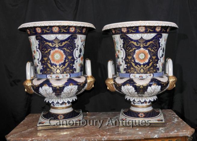 English Derby Porcelain Campana Urns Planters Vases Floral