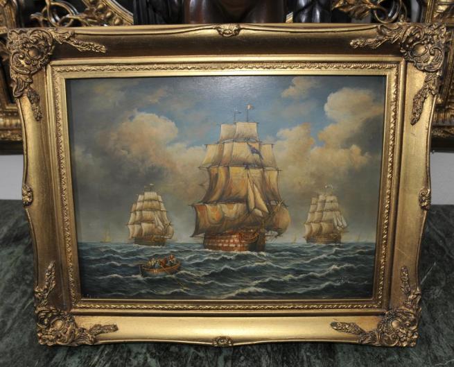 English Victorian Oil Painting Armada Galleon Ship Sea Scape Signed