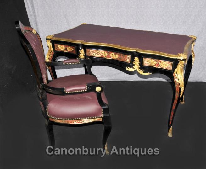 French Boulle Desk and Chair Set Writing Table Bureau Inlay Furniture